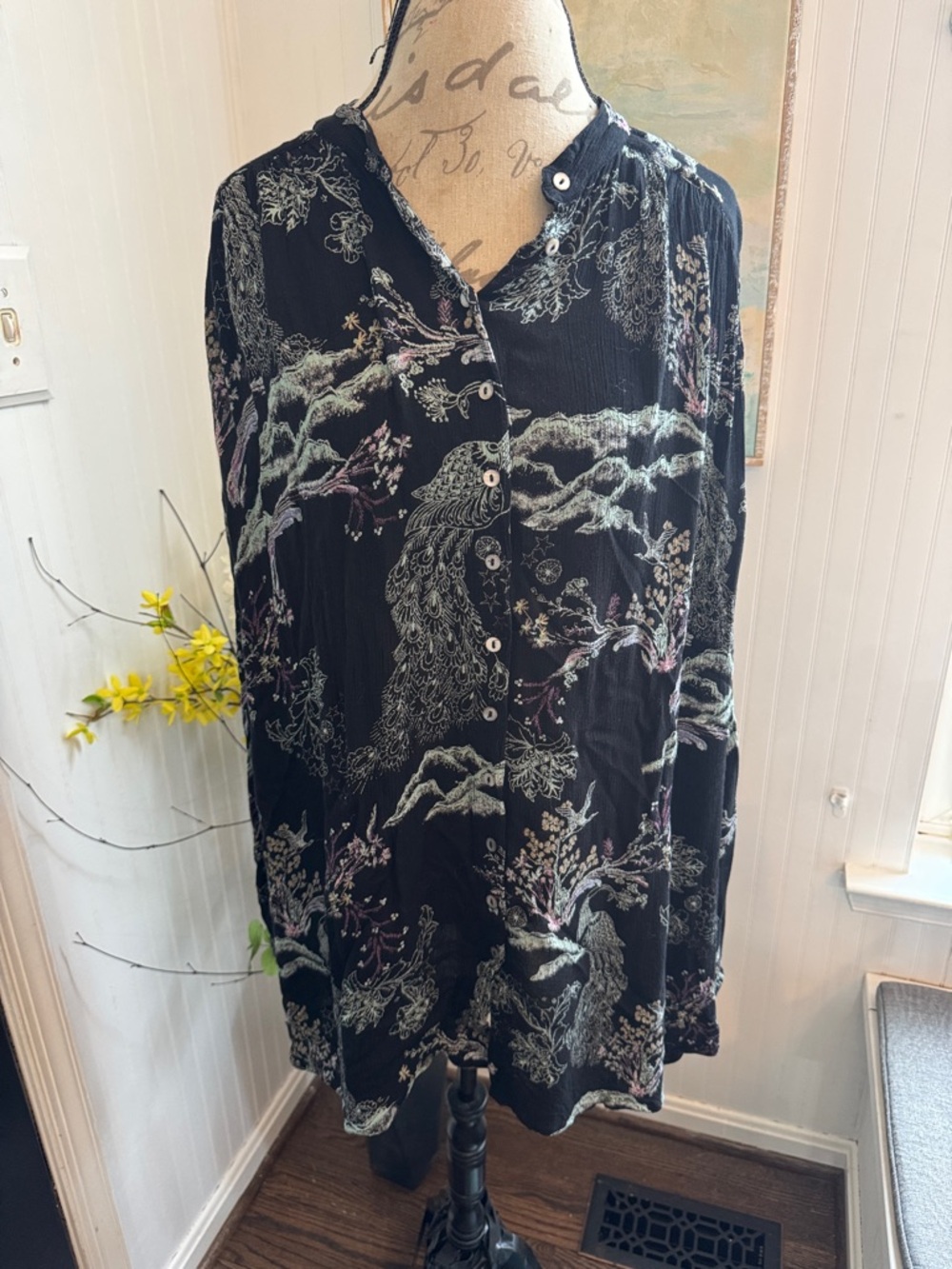 Free People Black Blouse with Cream Botanical & Bird Print